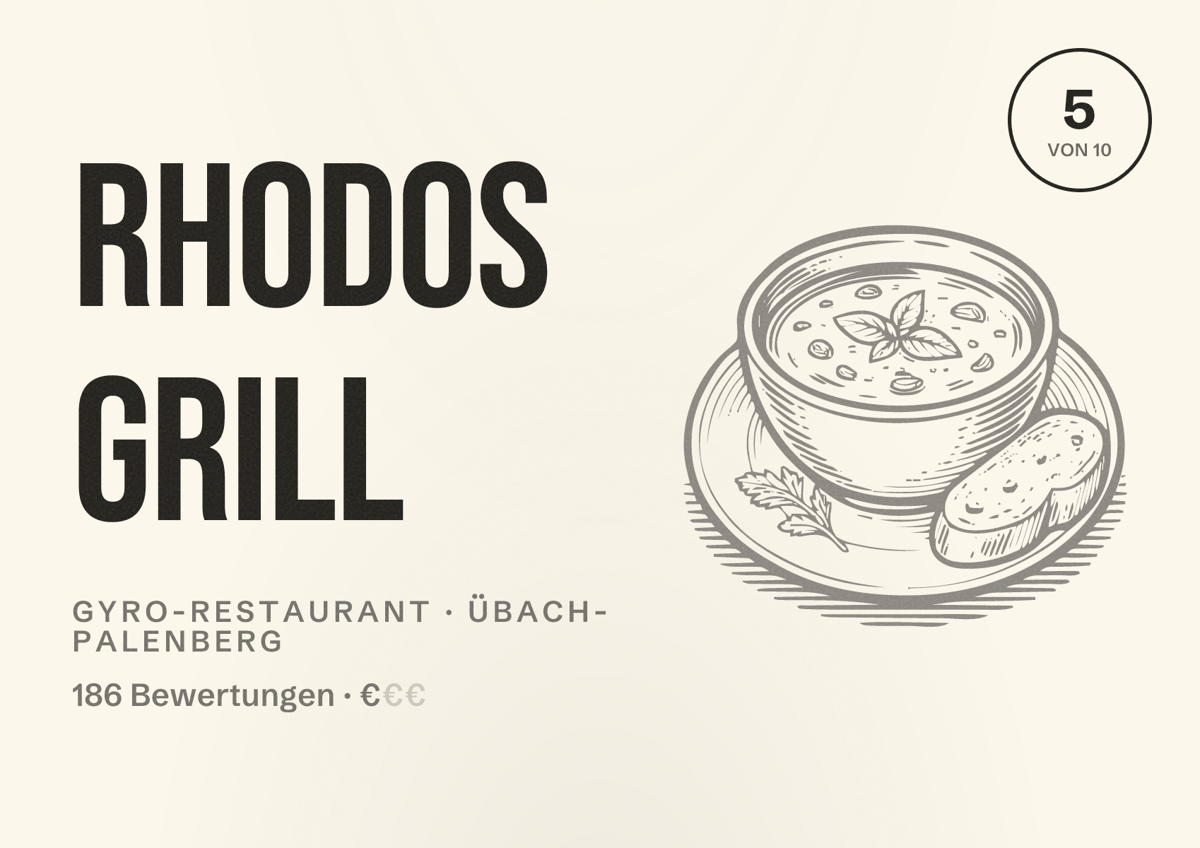Illustriertes Poster von Rhodos Grill, Gyro-Restaurant in Übach-Palenberg: Bewertung 5 von 10 aus 186 Bewertungen, Preisniveau €
