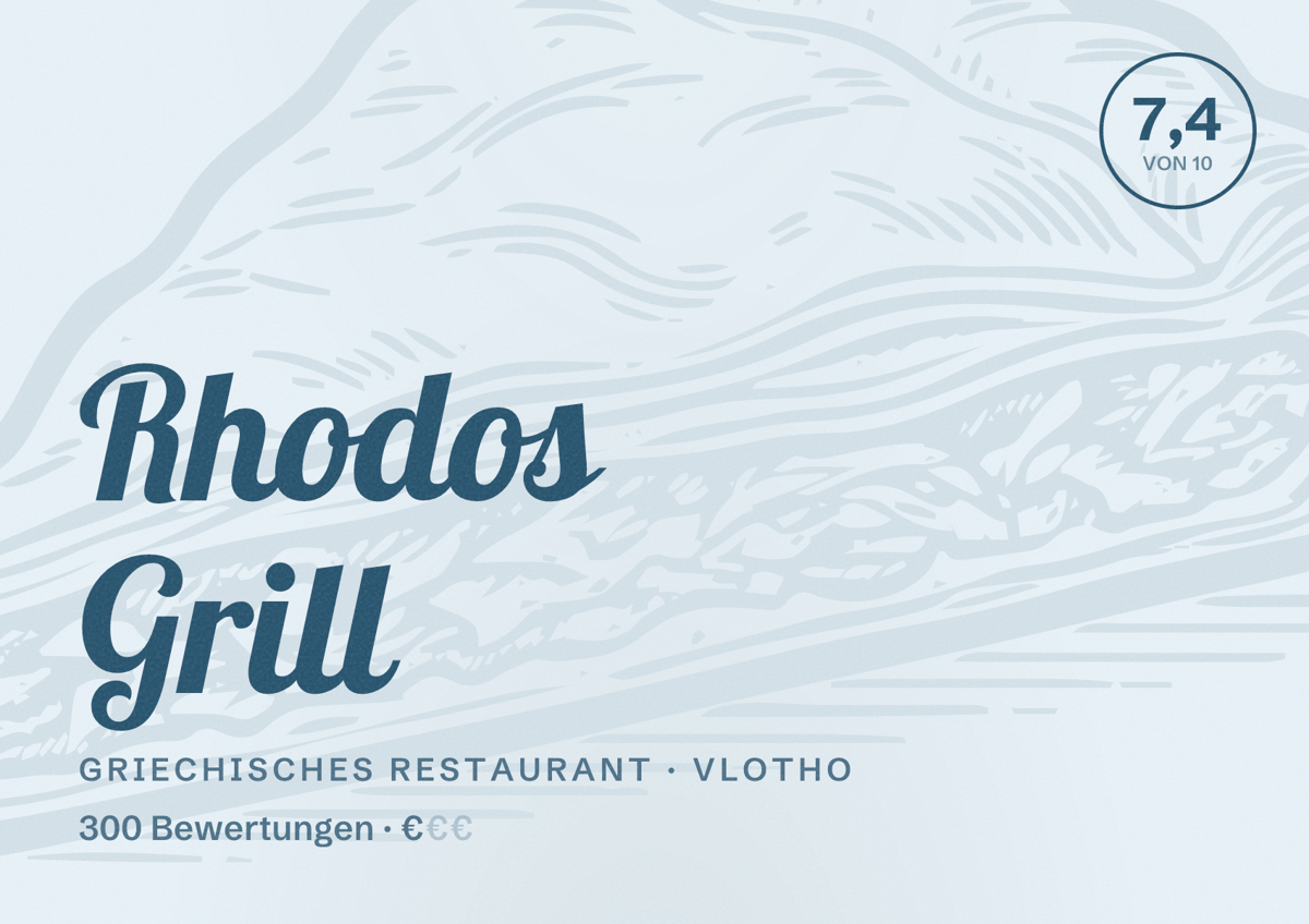 Illustriertes Poster von Rhodos Grill, Griechisches Restaurant in Vlotho: Bewertung 7,4 von 10 aus 300 Bewertungen, Preisniveau €