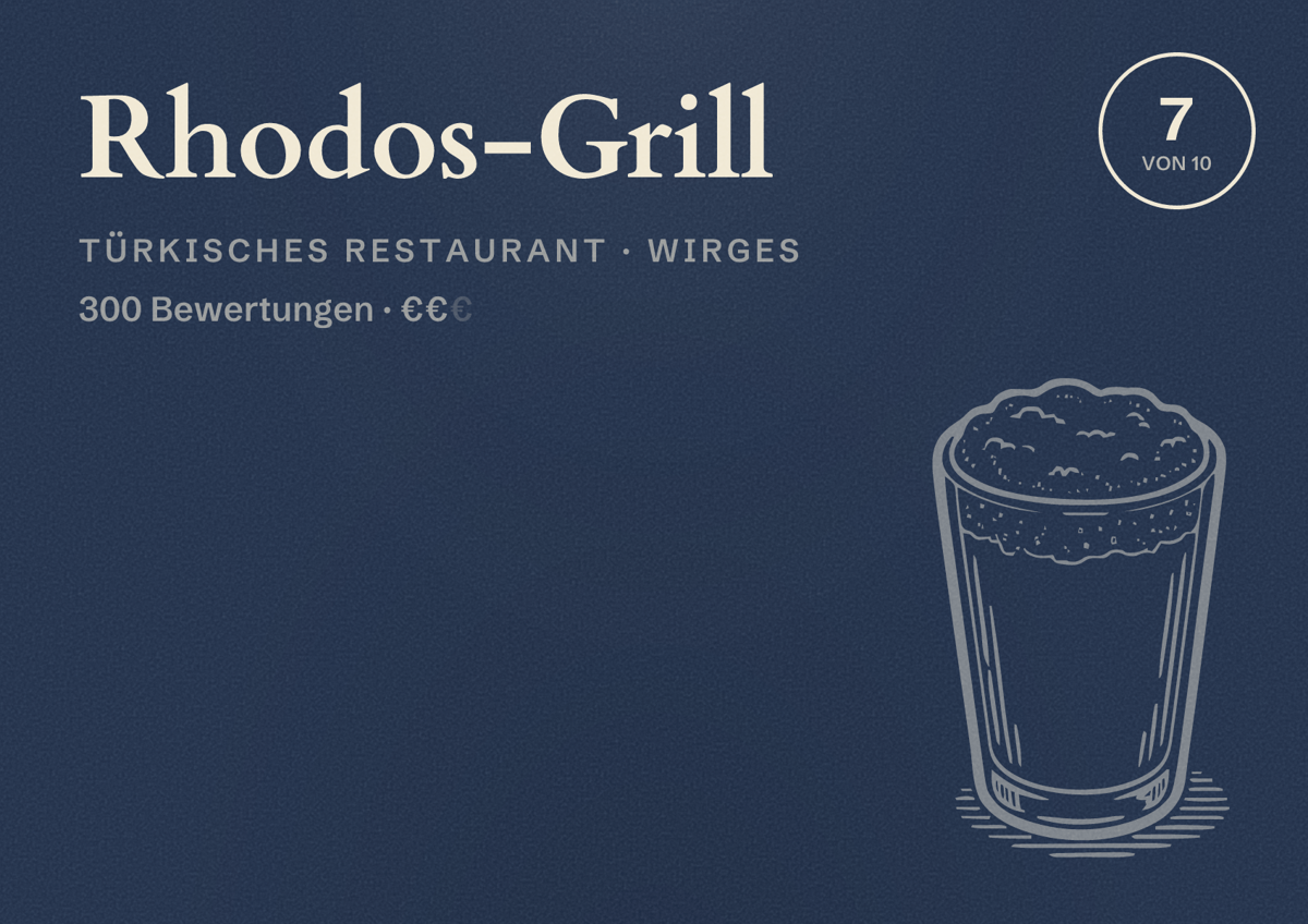 Illustriertes Poster von Rhodos-Grill, Türkisches Restaurant in Wirges: Bewertung 7 von 10 aus 300 Bewertungen, Preisniveau €€