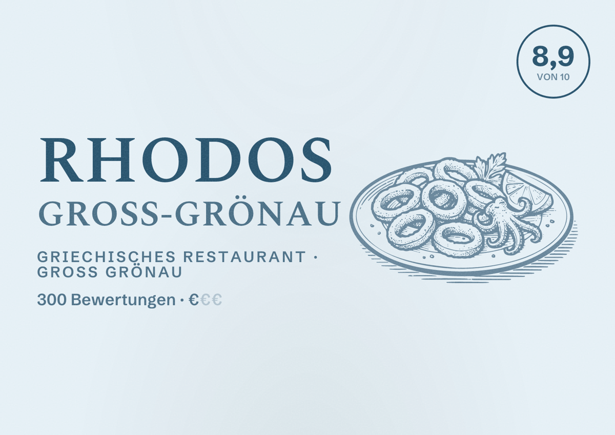 Illustriertes Poster von Rhodos Groß-Grönau, Griechisches Restaurant in Groß Grönau: Bewertung 8,9 von 10 aus 300 Bewertungen, Preisniveau €