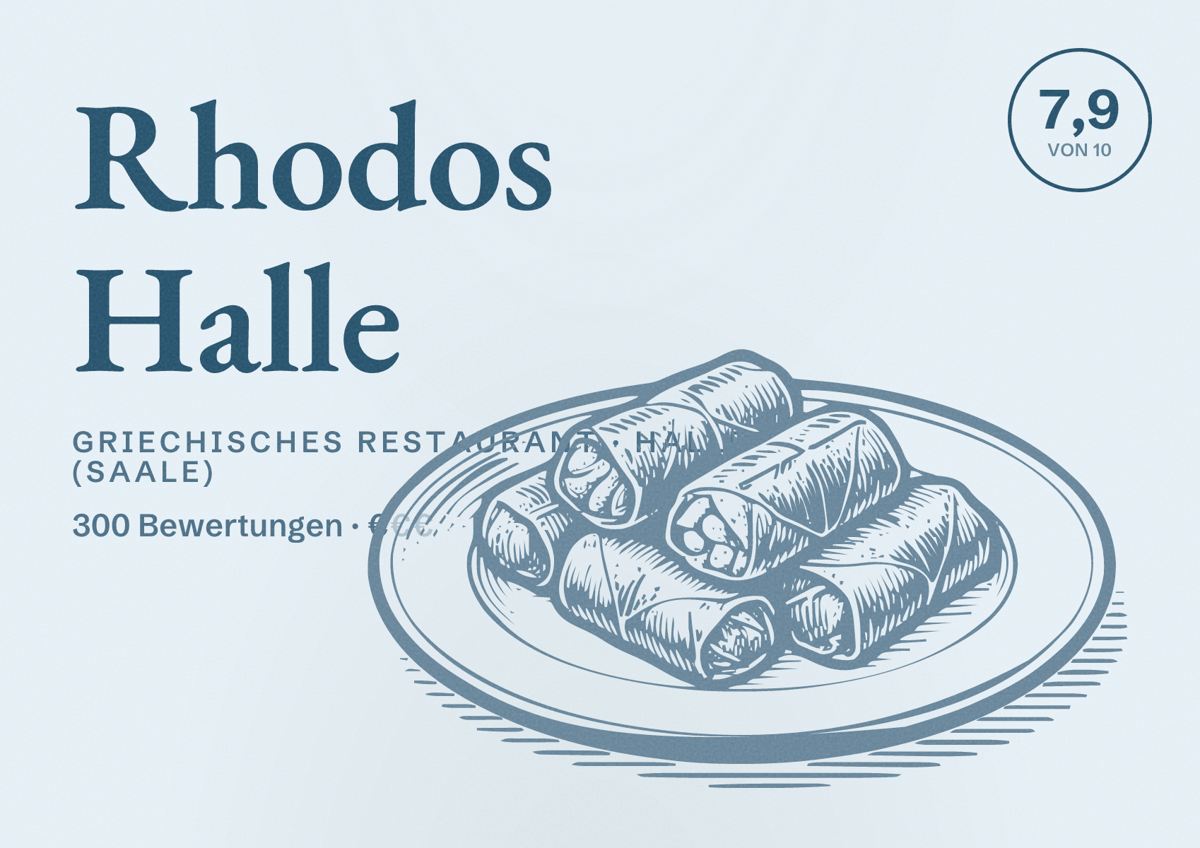 Illustriertes Poster von Rhodos Halle, Griechisches Restaurant in Halle (Saale): Bewertung 7,9 von 10 aus 300 Bewertungen, Preisniveau €