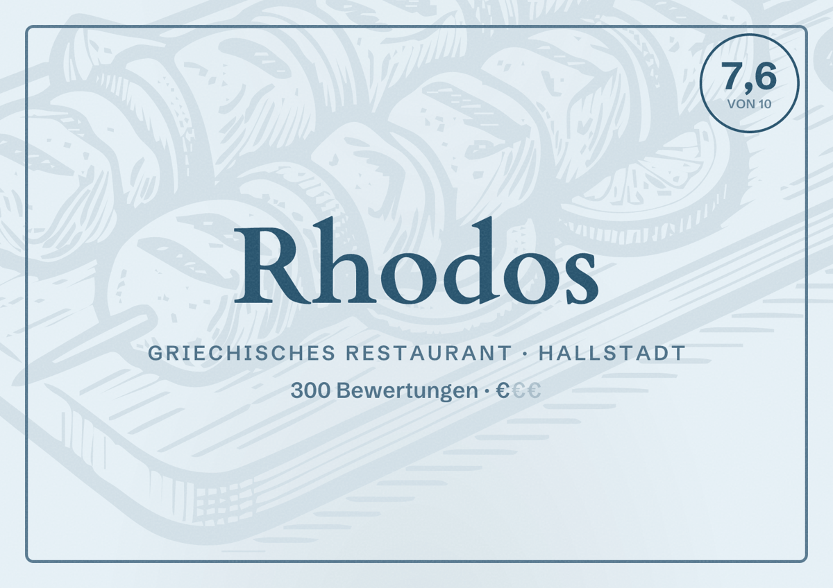 Illustriertes Poster von Rhodos, Griechisches Restaurant in Hallstadt: Bewertung 7,6 von 10 aus 300 Bewertungen, Preisniveau €
