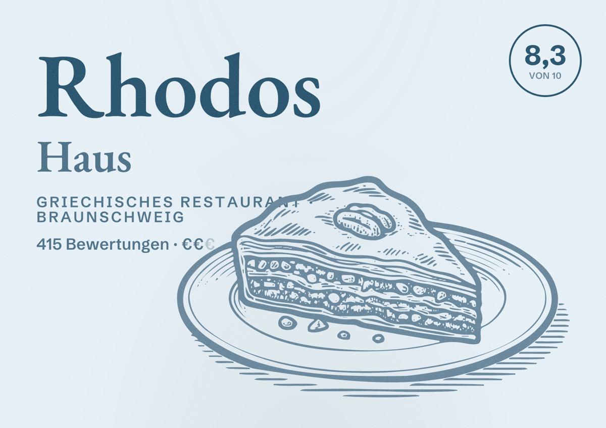 Illustriertes Poster von Rhodos Haus, Griechisches Restaurant in Braunschweig: Bewertung 8,3 von 10 aus 415 Bewertungen, Preisniveau €€