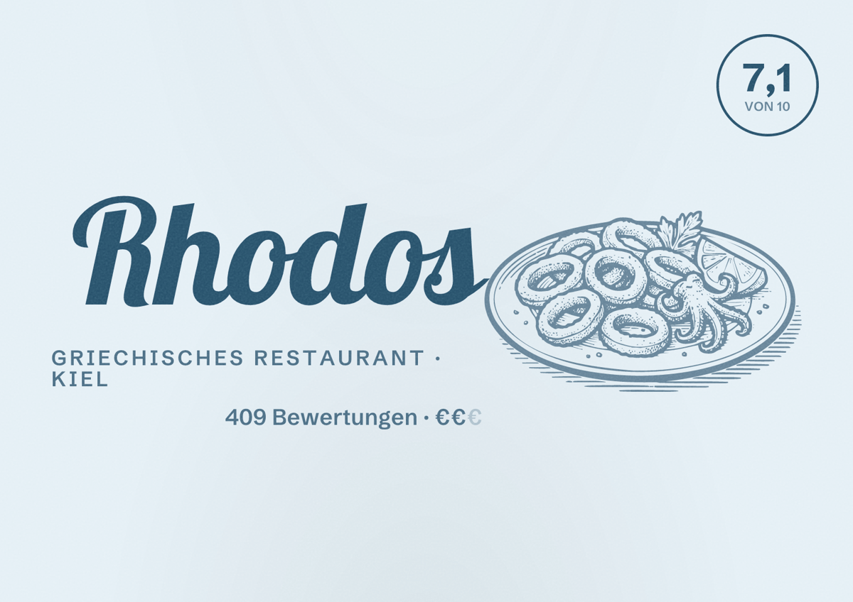 Illustriertes Poster von Rhodos, Griechisches Restaurant in Kiel: Gästebewertung 7,1 von 10 aus 409 Bewertungen