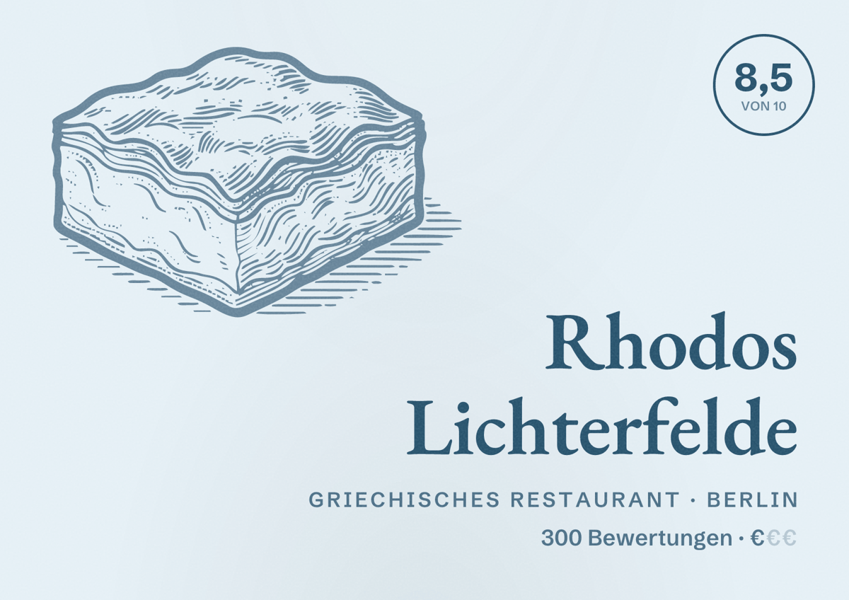 Illustriertes Poster von Rhodos Lichterfelde, Griechisches Restaurant in Berlin: Bewertung 8,5 von 10 aus 300 Bewertungen, Preisniveau €