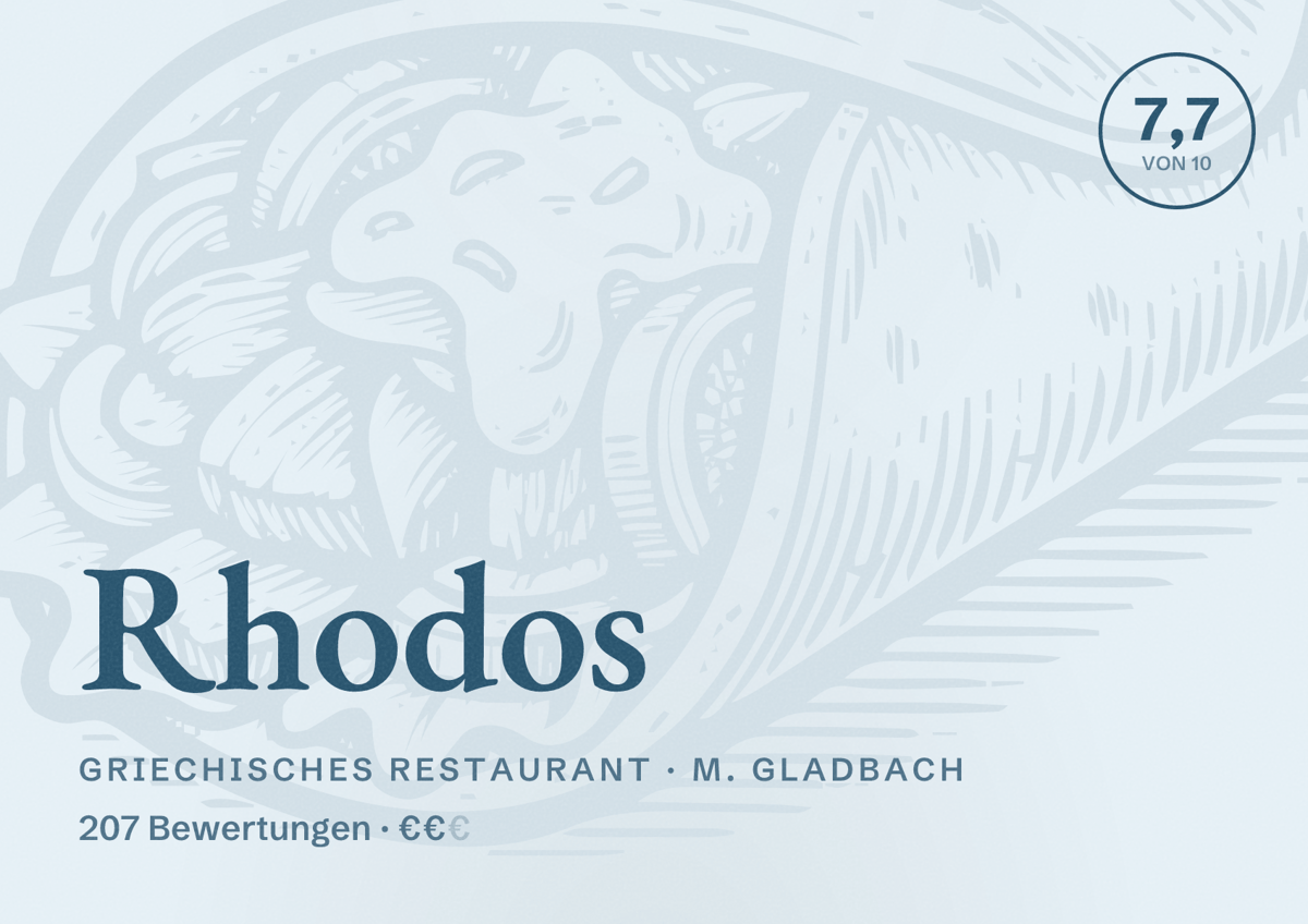 Illustriertes Poster von Rhodos, Griechisches Restaurant in M. Gladbach: Bewertung 7,7 von 10 aus 207 Bewertungen, Preisniveau €€