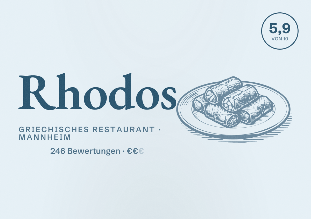 Illustriertes Poster von Rhodos, Griechisches Restaurant in Mannheim: Bewertung 5,9 von 10 aus 246 Bewertungen, Preisniveau €€