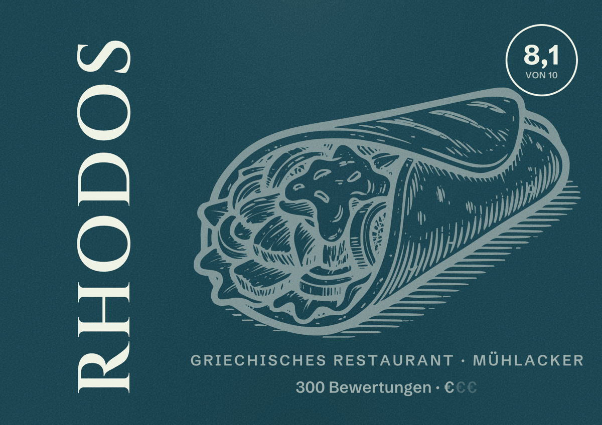 Illustriertes Poster von Rhodos, Griechisches Restaurant in Mühlacker: Bewertung 8,1 von 10 aus 300 Bewertungen, Preisniveau €