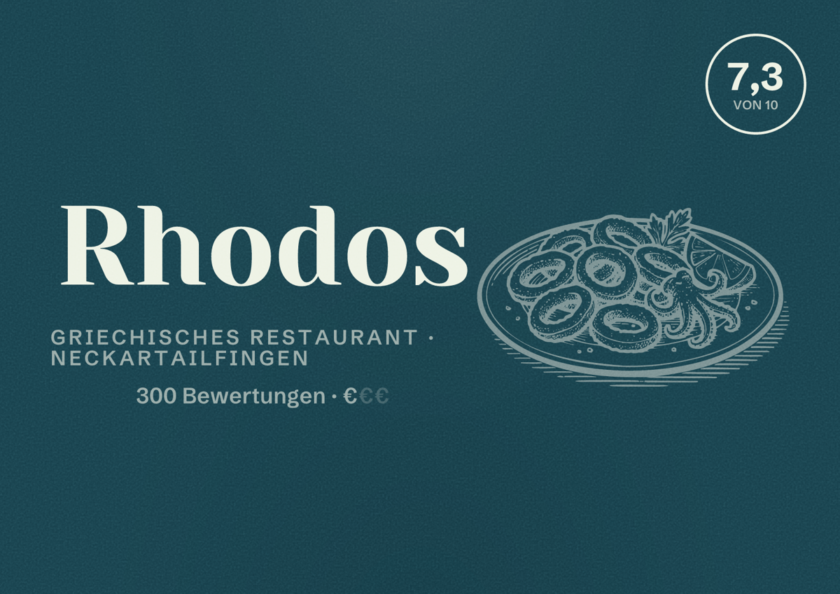 Illustriertes Poster von Rhodos, Griechisches Restaurant in Neckartailfingen: Bewertung 7,3 von 10 aus 300 Bewertungen, Preisniveau €