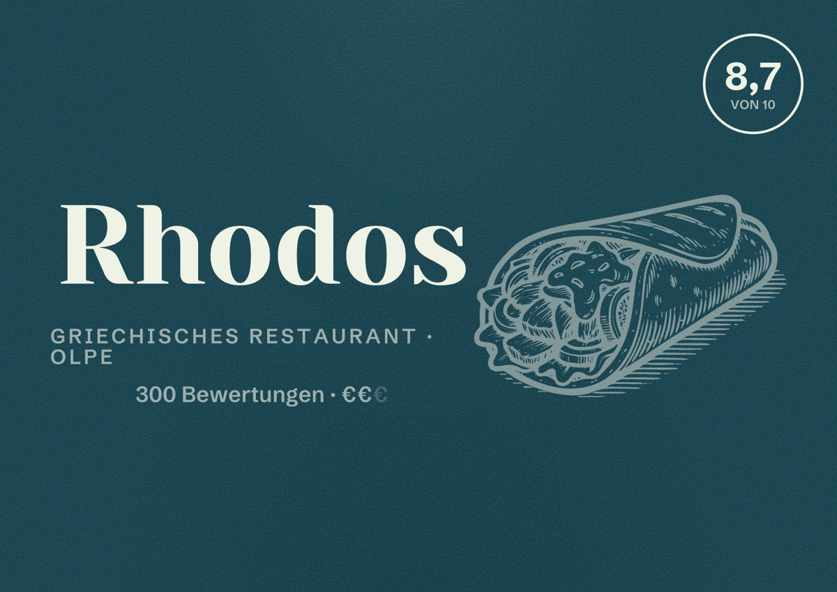 Illustriertes Poster von Rhodos, Griechisches Restaurant in Olpe: Bewertung 8,7 von 10 aus 300 Bewertungen, Preisniveau €€