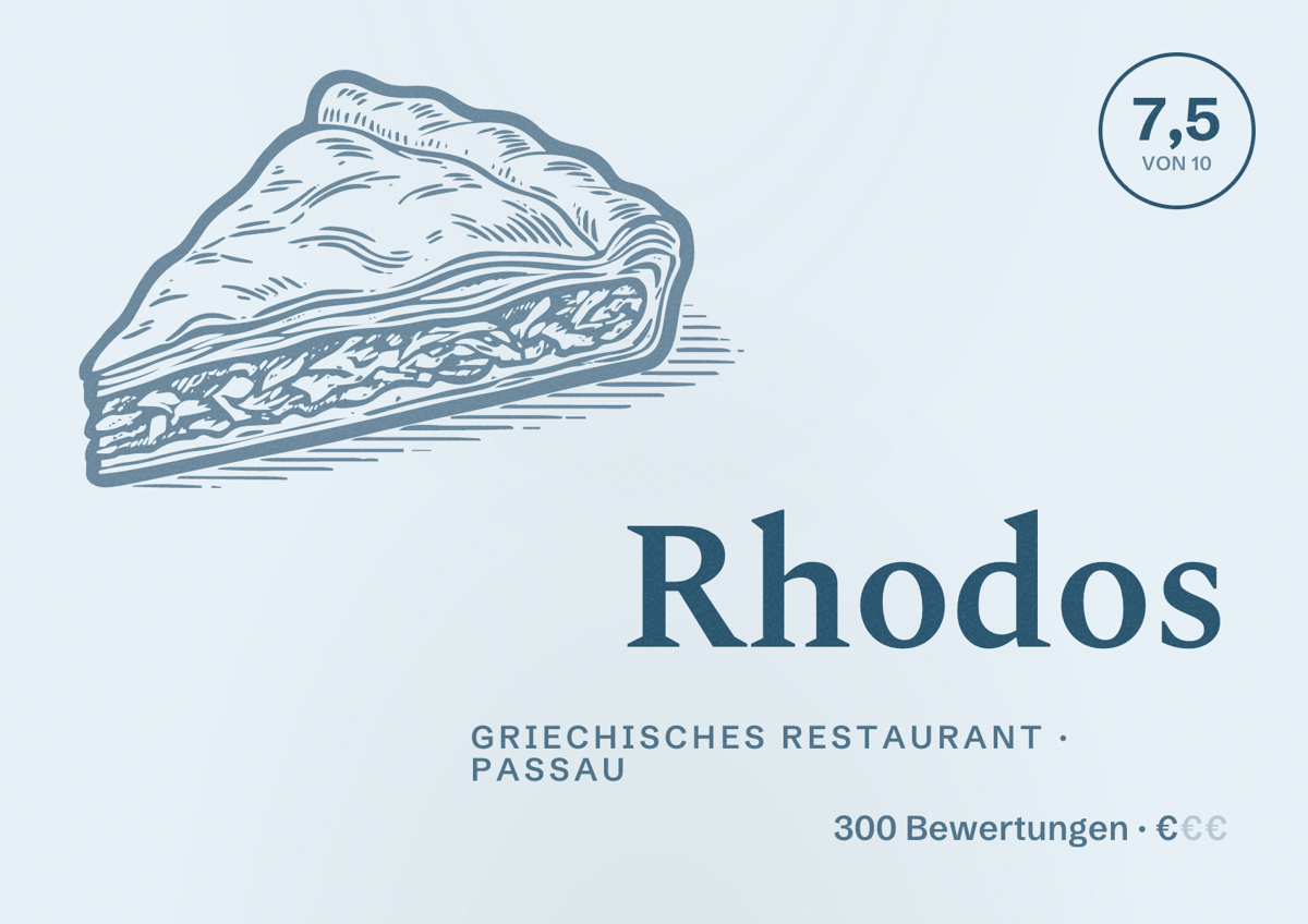 Illustriertes Poster von Rhodos, Griechisches Restaurant in Passau: Bewertung 7,5 von 10 aus 300 Bewertungen, Preisniveau €