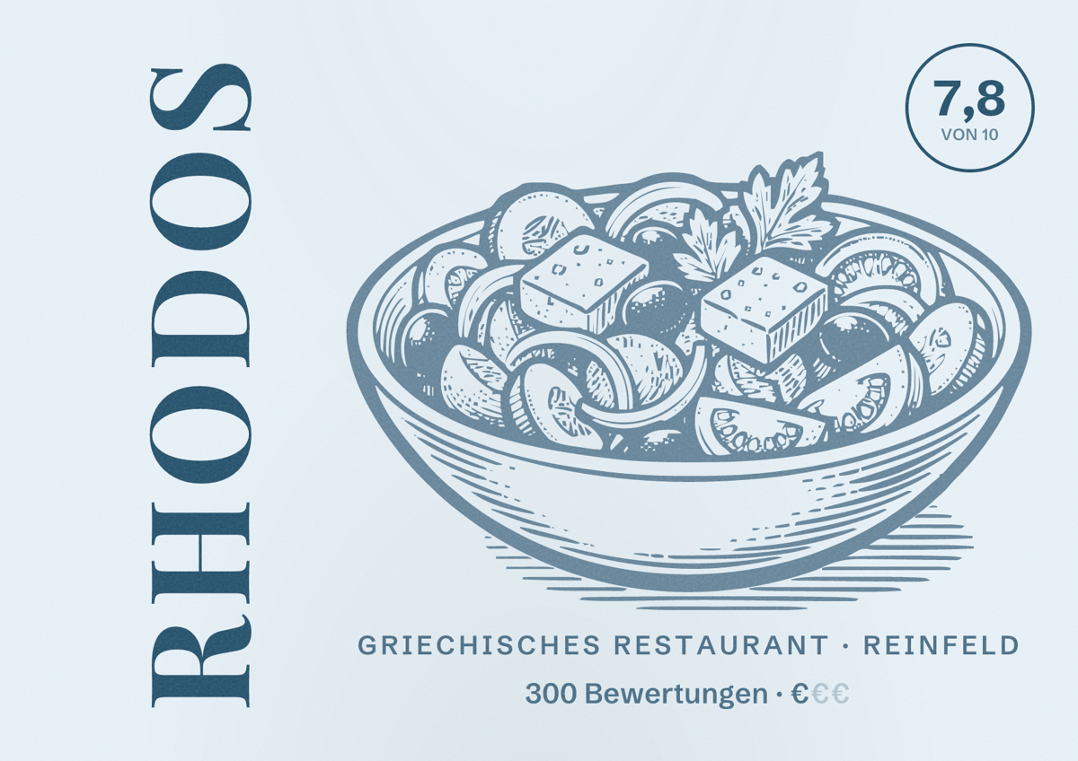 Illustriertes Poster von Rhodos, Griechisches Restaurant in Reinfeld: Bewertung 7,8 von 10 aus 300 Bewertungen, Preisniveau €