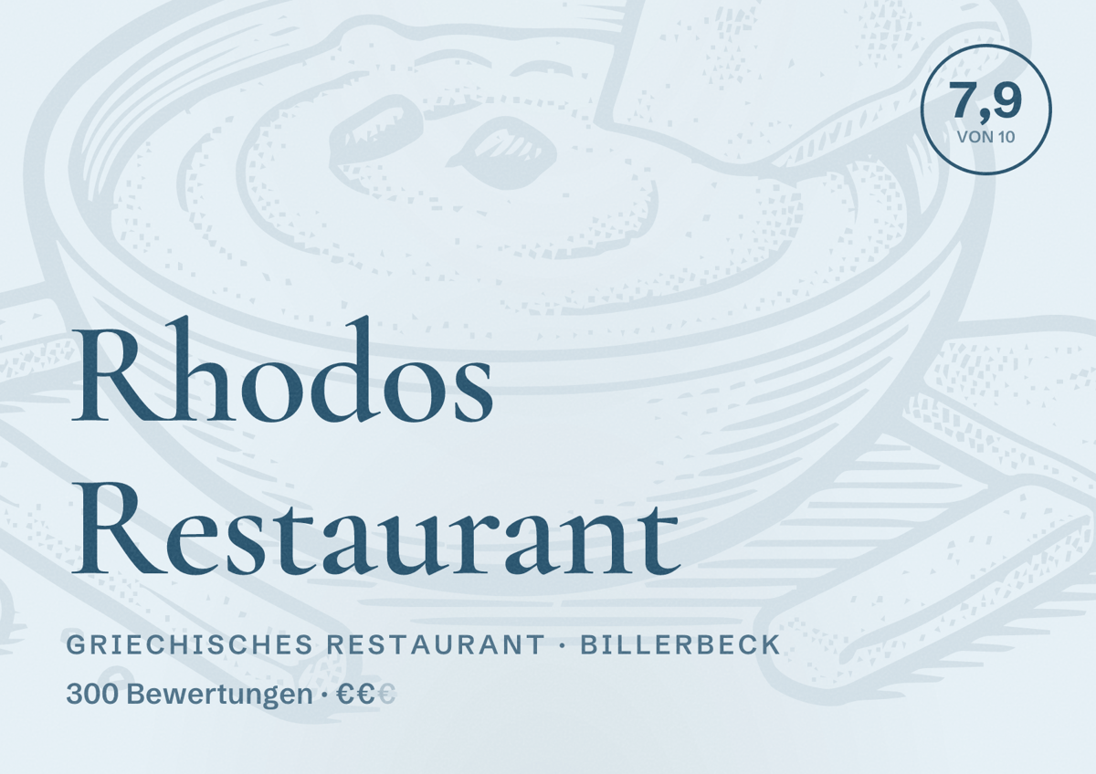 Illustriertes Poster von Rhodos Restaurant, Griechisches Restaurant in Billerbeck: Bewertung 7,9 von 10 aus 300 Bewertungen, Preisniveau €€