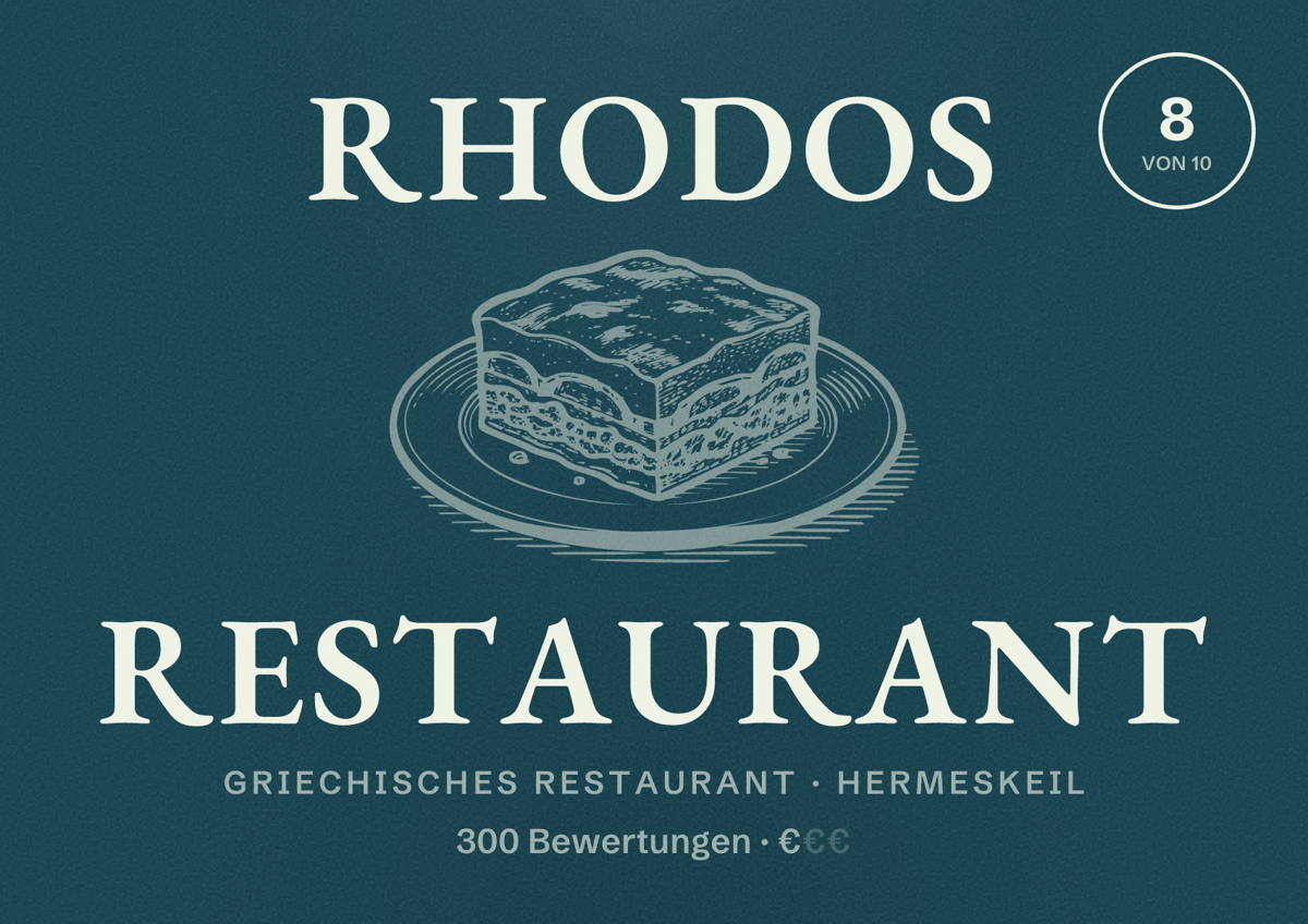 Illustriertes Poster von Rhodos Restaurant, Griechisches Restaurant in Hermeskeil: Bewertung 8 von 10 aus 300 Bewertungen, Preisniveau €