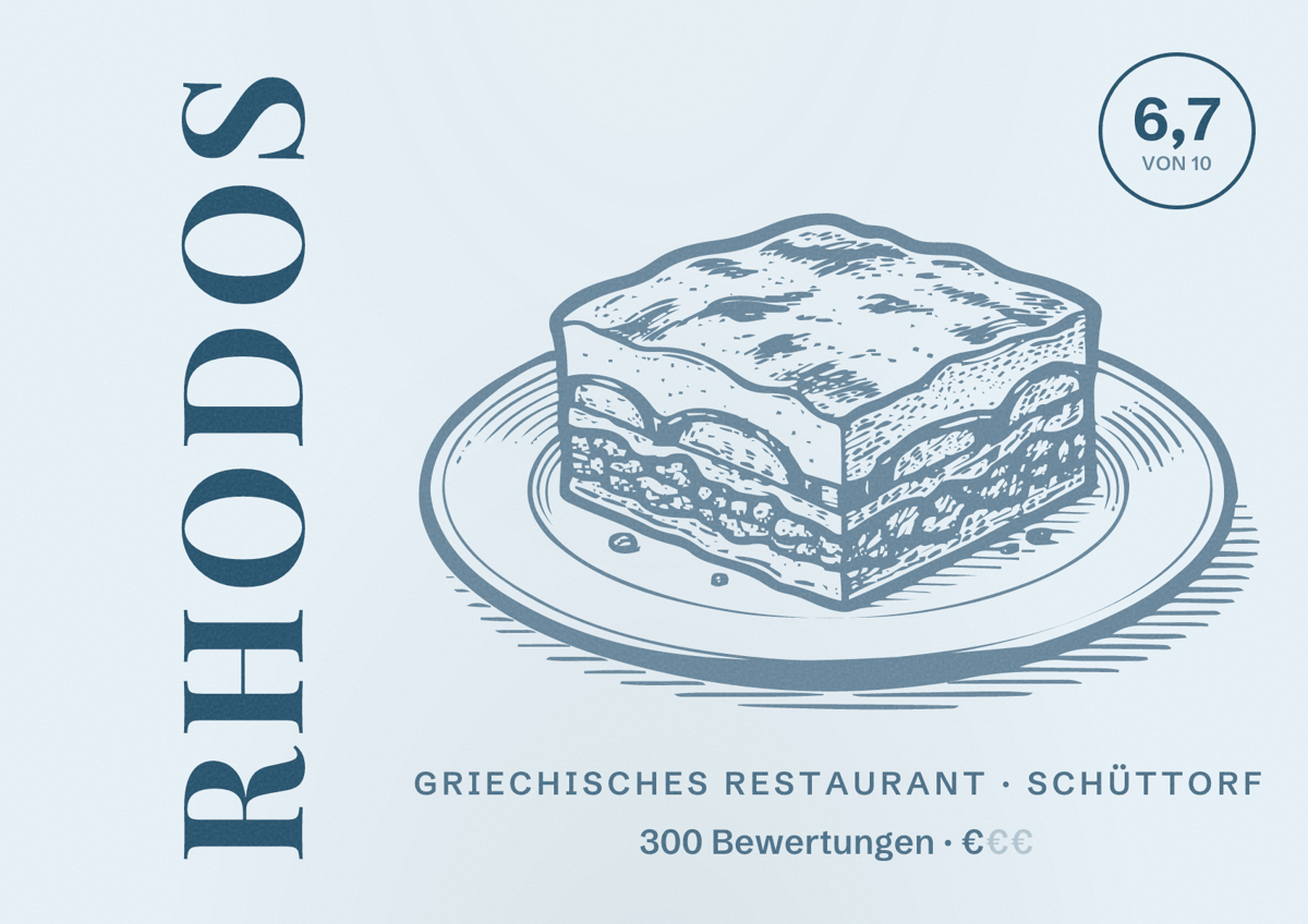 Illustriertes Poster von Rhodos, Griechisches Restaurant in Schüttorf: Bewertung 6,7 von 10 aus 300 Bewertungen, Preisniveau €