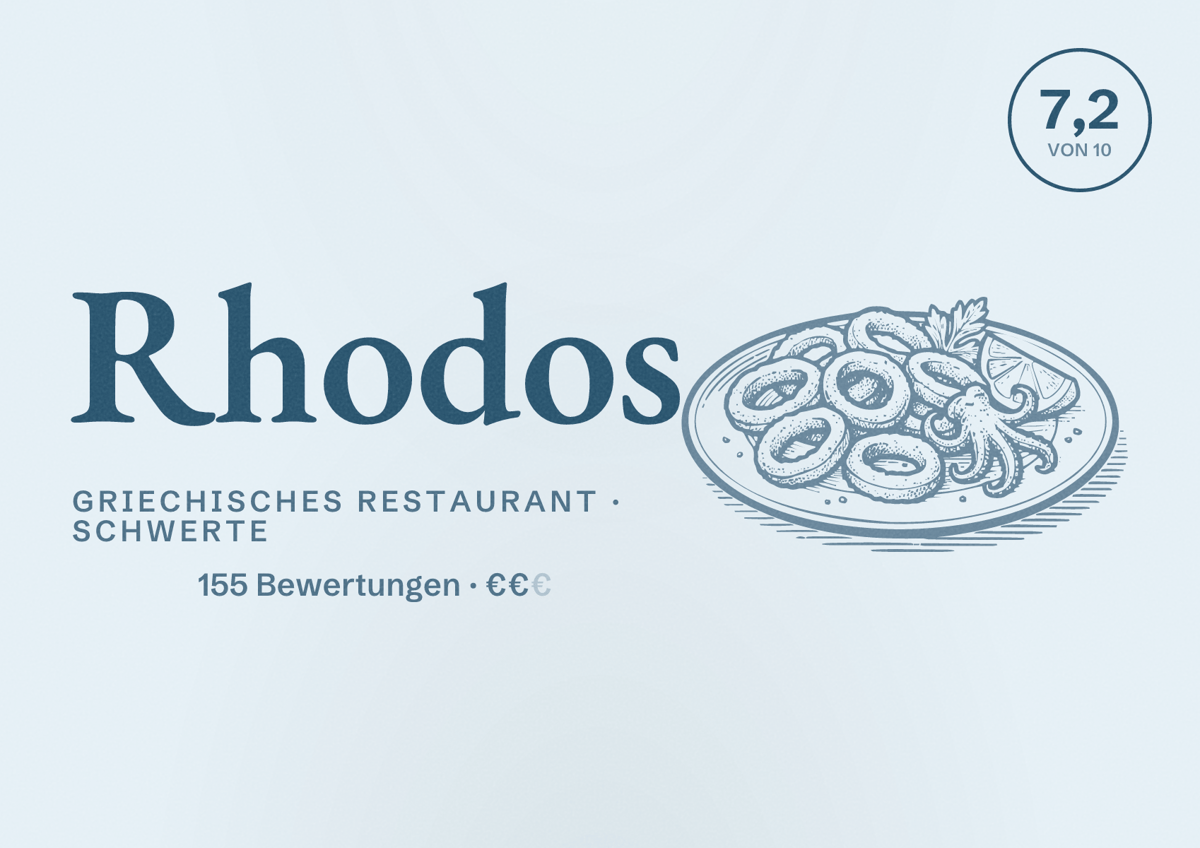 Illustriertes Poster von Rhodos, Griechisches Restaurant in Schwerte: Bewertung 7,2 von 10 aus 155 Bewertungen, Preisniveau €€