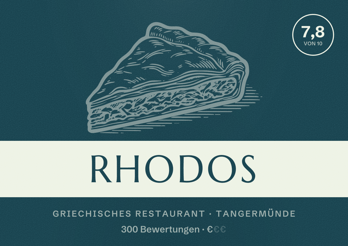 Illustriertes Poster von Rhodos, Griechisches Restaurant in Tangermünde: Bewertung 7,8 von 10 aus 300 Bewertungen, Preisniveau €