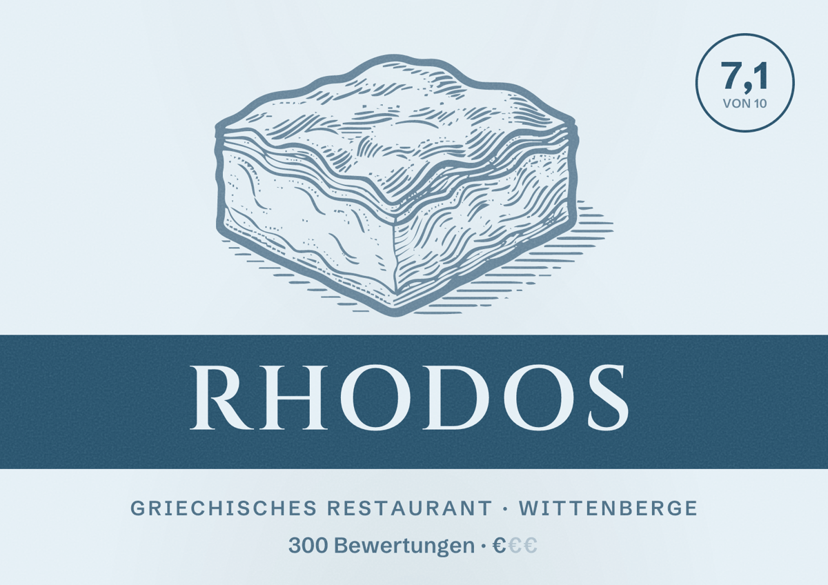 Illustriertes Poster von Rhodos, Griechisches Restaurant in Wittenberge: Bewertung 7,1 von 10 aus 300 Bewertungen, Preisniveau €