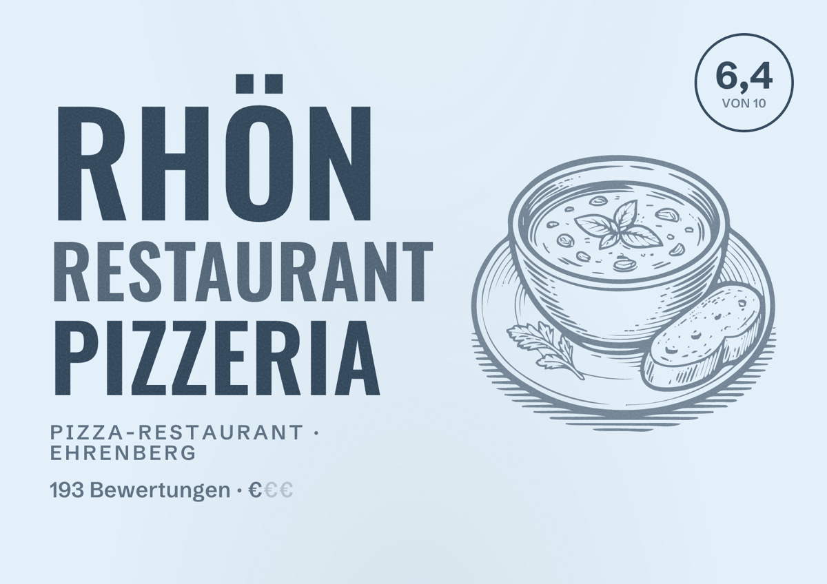 Illustriertes Poster von Rhön Restaurant Pizzeria, Pizza-Restaurant in Ehrenberg: Bewertung 6,4 von 10 aus 193 Bewertungen, Preisniveau €