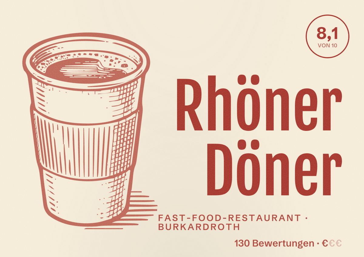 Illustriertes Poster von Rhöner Döner, Fast-Food-Restaurant in Burkardroth: Bewertung 8,1 von 10 aus 130 Bewertungen, Preisniveau €