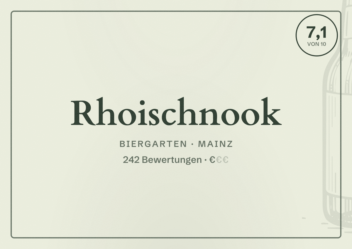 Illustriertes Poster von Rhoischnook, Biergarten in Mainz: Bewertung 7,1 von 10 aus 242 Bewertungen, Preisniveau €