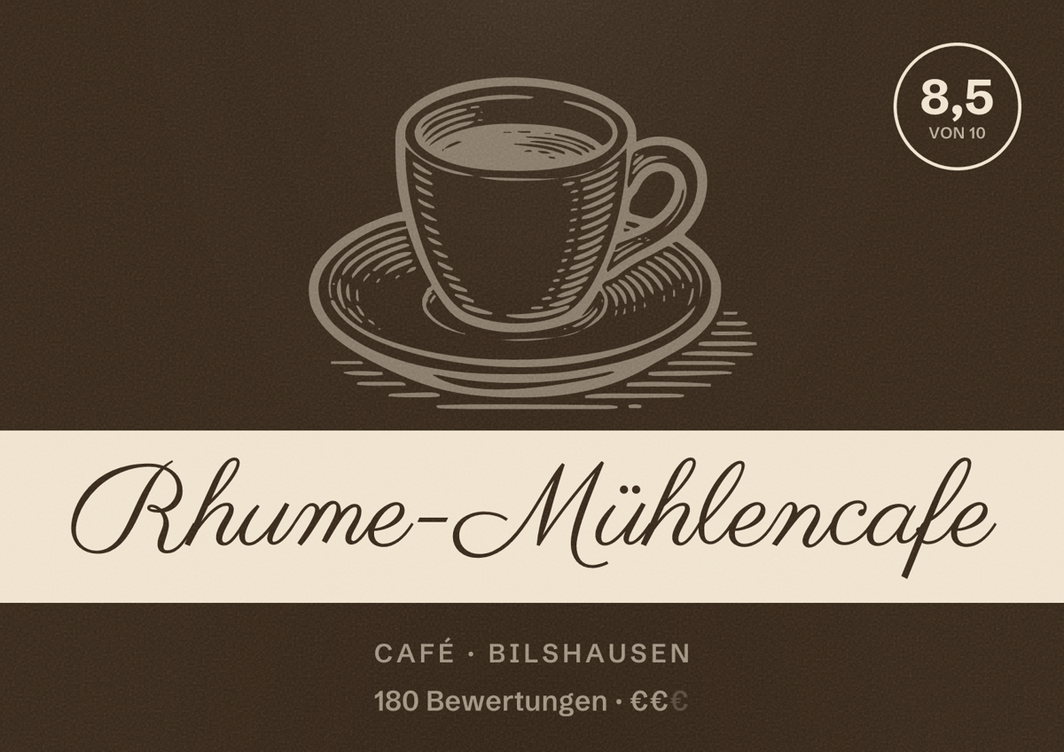Illustriertes Poster von Rhume-Mühlencafe, Café in Bilshausen: Bewertung 8,5 von 10 aus 180 Bewertungen, Preisniveau €€