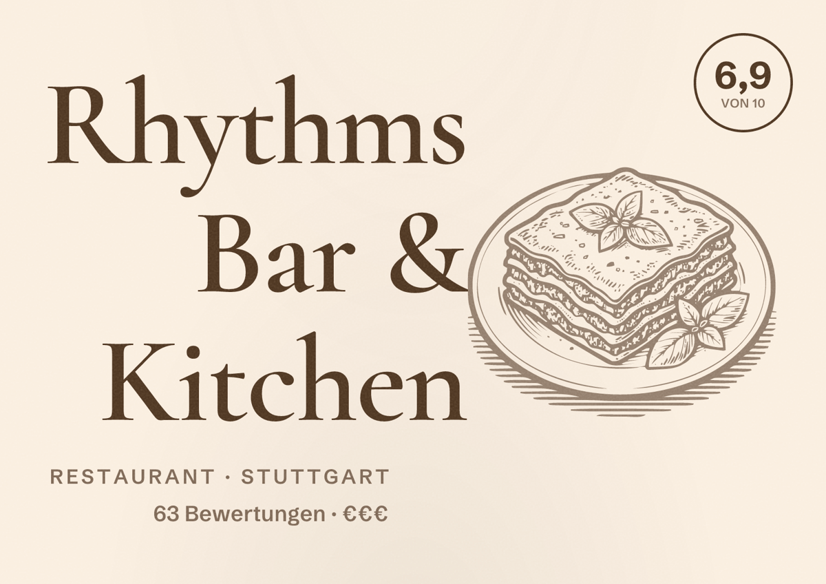 Illustriertes Poster von Rhythms Bar & Kitchen, Restaurant in Stuttgart: Bewertung 6,9 von 10 aus 63 Bewertungen, Preisniveau €€€