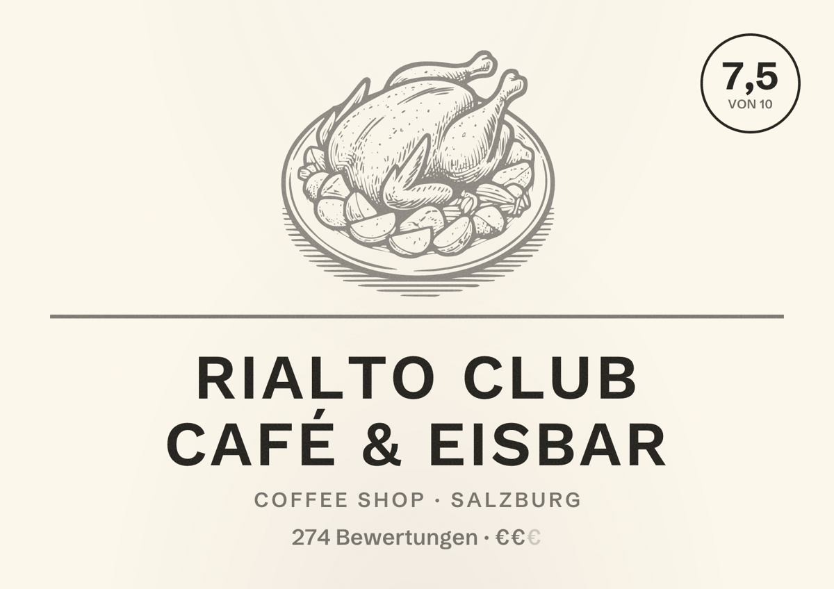 Illustriertes Poster von rialto club café & eisbar, Coffee Shop in Salzburg: Bewertung 7,5 von 10 aus 274 Bewertungen, Preisniveau €€