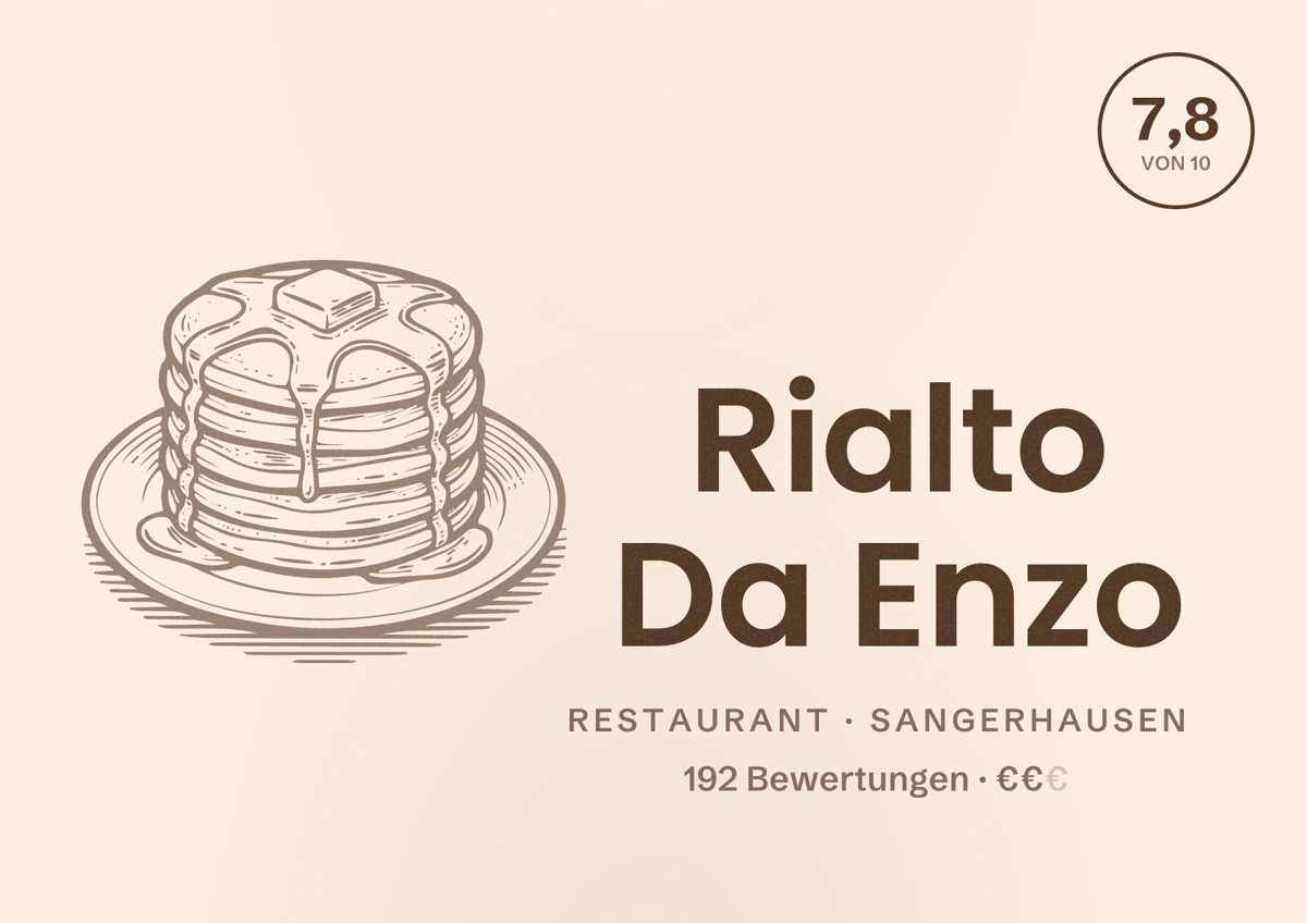 Illustriertes Poster von Rialto Da Enzo, Restaurant in Sangerhausen: Bewertung 7,8 von 10 aus 192 Bewertungen, Preisniveau €€