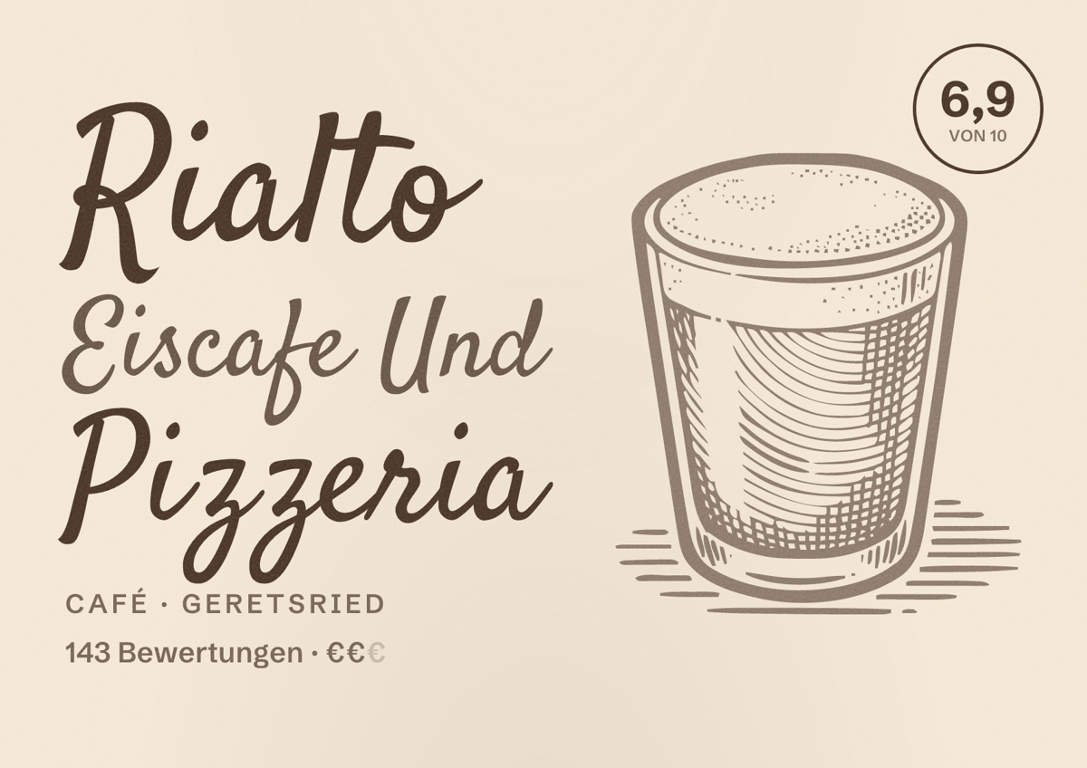 Illustriertes Poster von Rialto Eiscafe Und Pizzeria, Café in Geretsried: Bewertung 6,9 von 10 aus 143 Bewertungen, Preisniveau €€