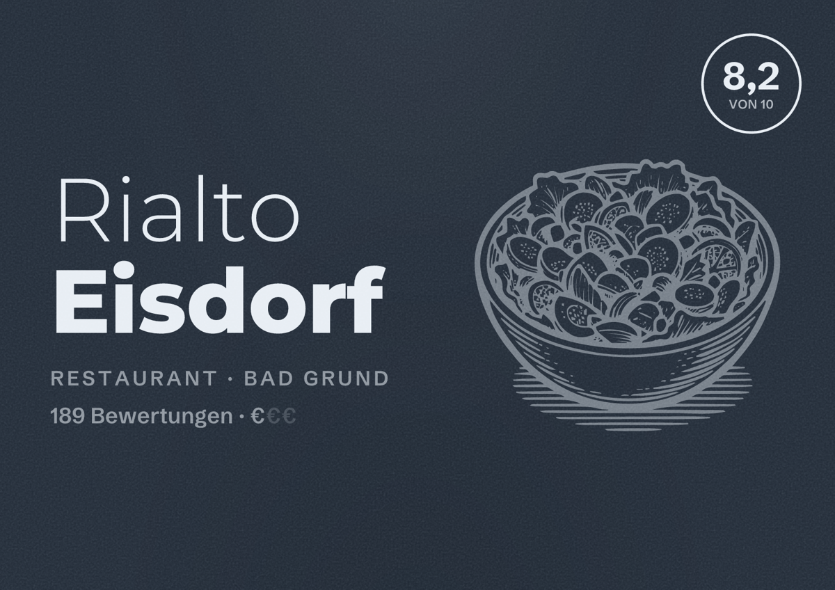 Illustriertes Poster von Rialto Eisdorf, Restaurant in Bad Grund: Bewertung 8,2 von 10 aus 189 Bewertungen, Preisniveau €