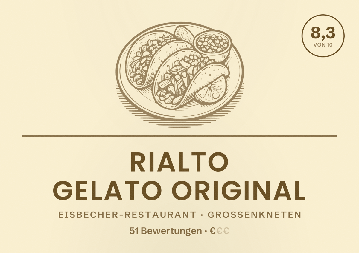 Illustriertes Poster von Rialto Gelato Original, Eisbecher-Restaurant in Großenkneten: Bewertung 8,3 von 10 aus 51 Bewertungen, Preisniveau €