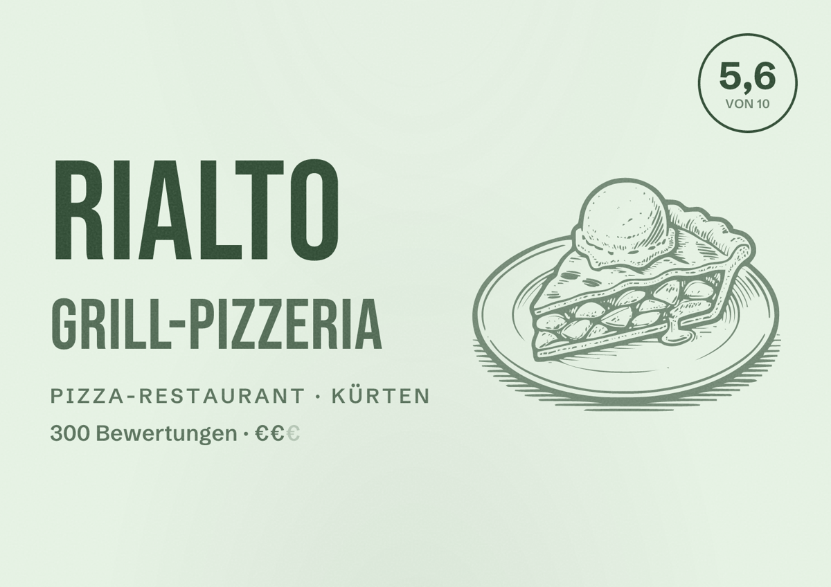 Illustriertes Poster von Rialto Grill-Pizzeria, Pizza-Restaurant in Kürten: Bewertung 5,6 von 10 aus 300 Bewertungen, Preisniveau €€