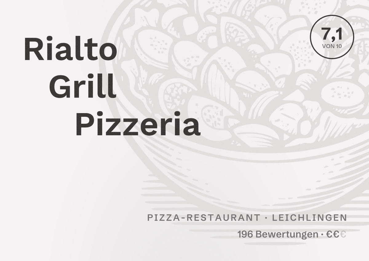 Illustriertes Poster von Rialto Grill Pizzeria, Pizza-Restaurant in Leichlingen: Bewertung 7,1 von 10 aus 196 Bewertungen, Preisniveau €€