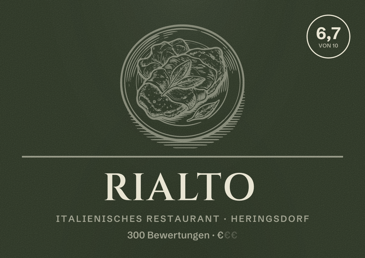 Illustriertes Poster von Rialto, Italienisches Restaurant in Heringsdorf: Bewertung 6,7 von 10 aus 300 Bewertungen, Preisniveau €