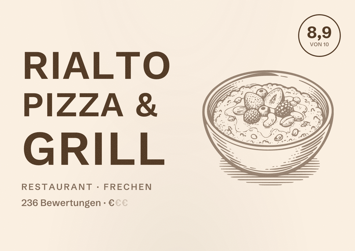 Illustriertes Poster von Rialto Pizza & Grill, Restaurant in Frechen: Bewertung 8,9 von 10 aus 236 Bewertungen, Preisniveau €