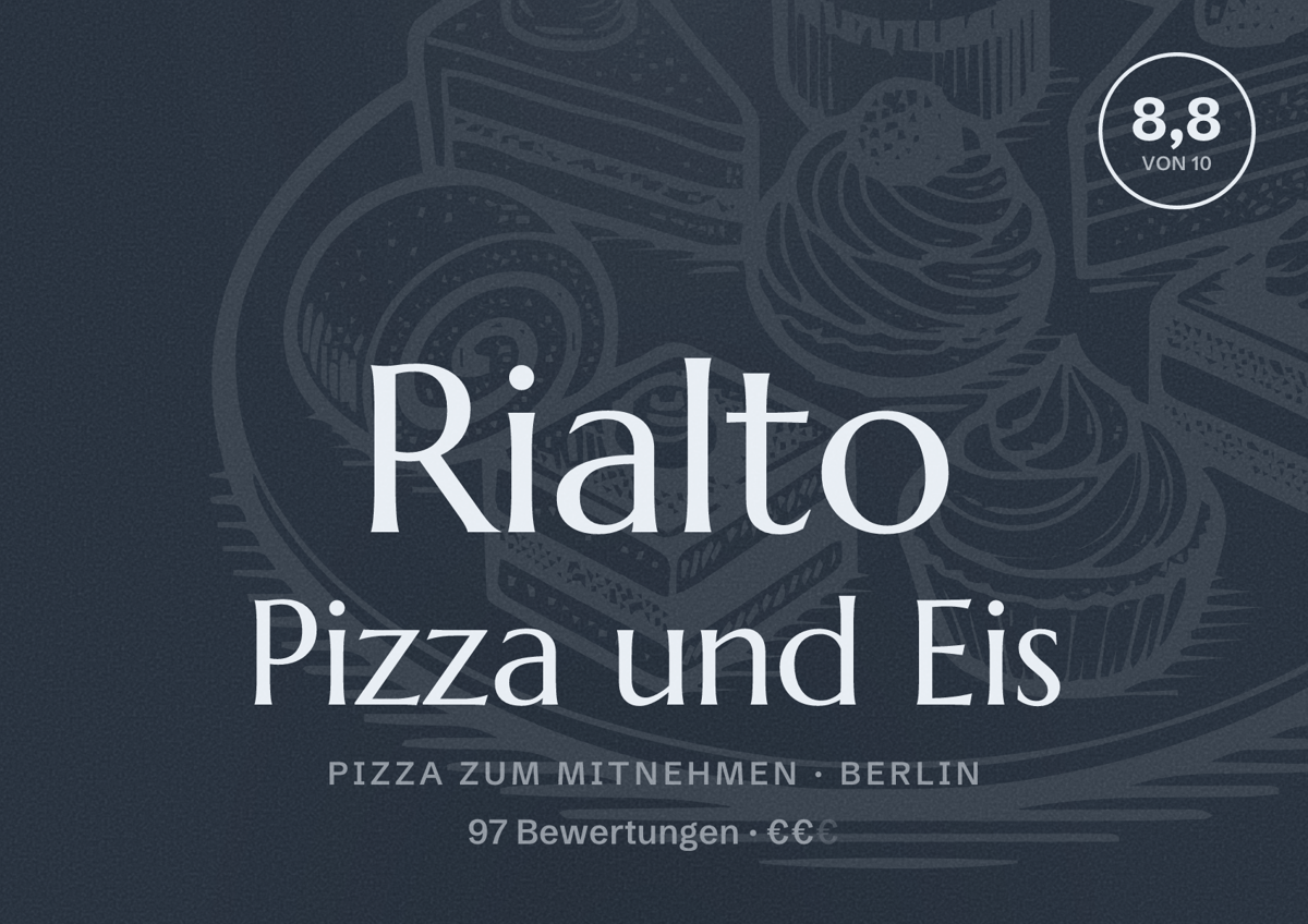Illustriertes Poster von Rialto Pizza und Eis, Pizza zum Mitnehmen in Berlin: Bewertung 8,8 von 10 aus 97 Bewertungen, Preisniveau €€