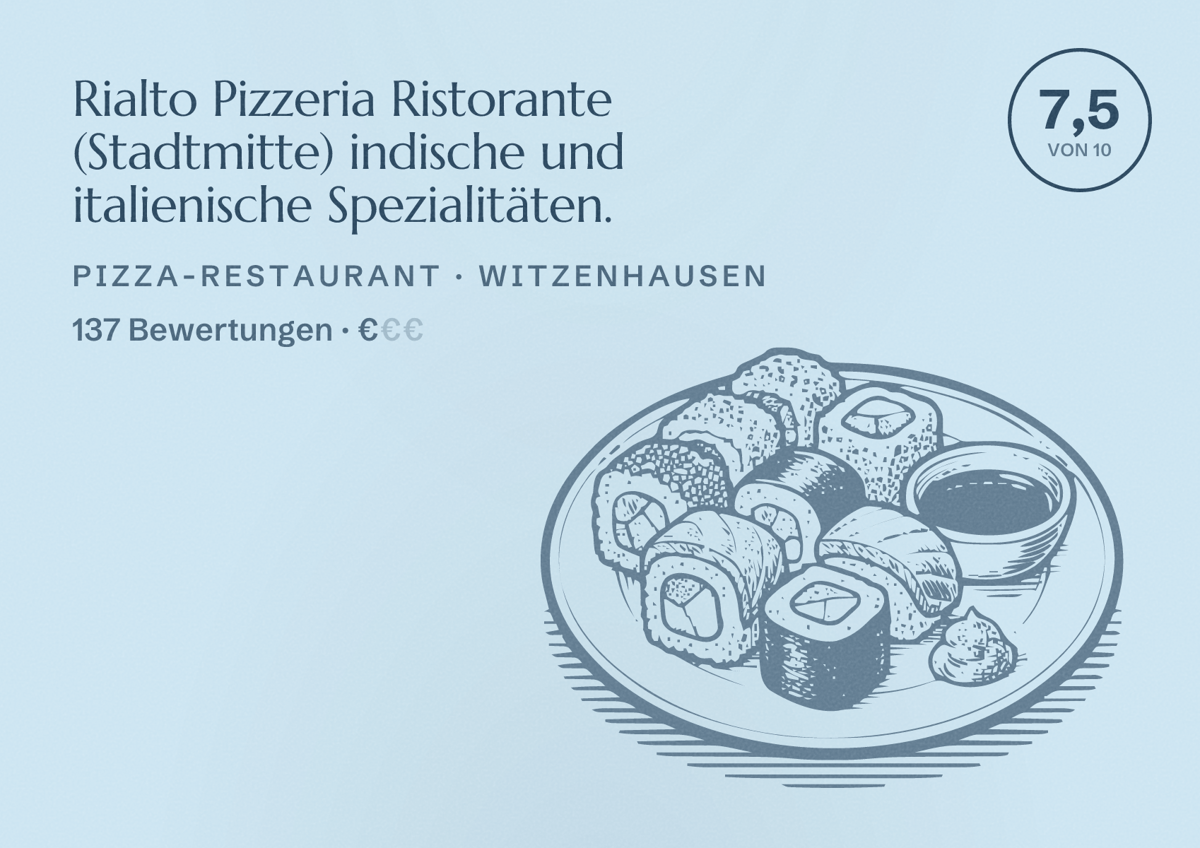 Illustriertes Poster von Rialto Pizzeria Ristorante (Stadtmitte) indische und italienische Spezialitäten., Pizza-Restaurant in Witzenhausen: Bewertung 7,5 von 10 aus 137 Bewertungen, Preisniveau €