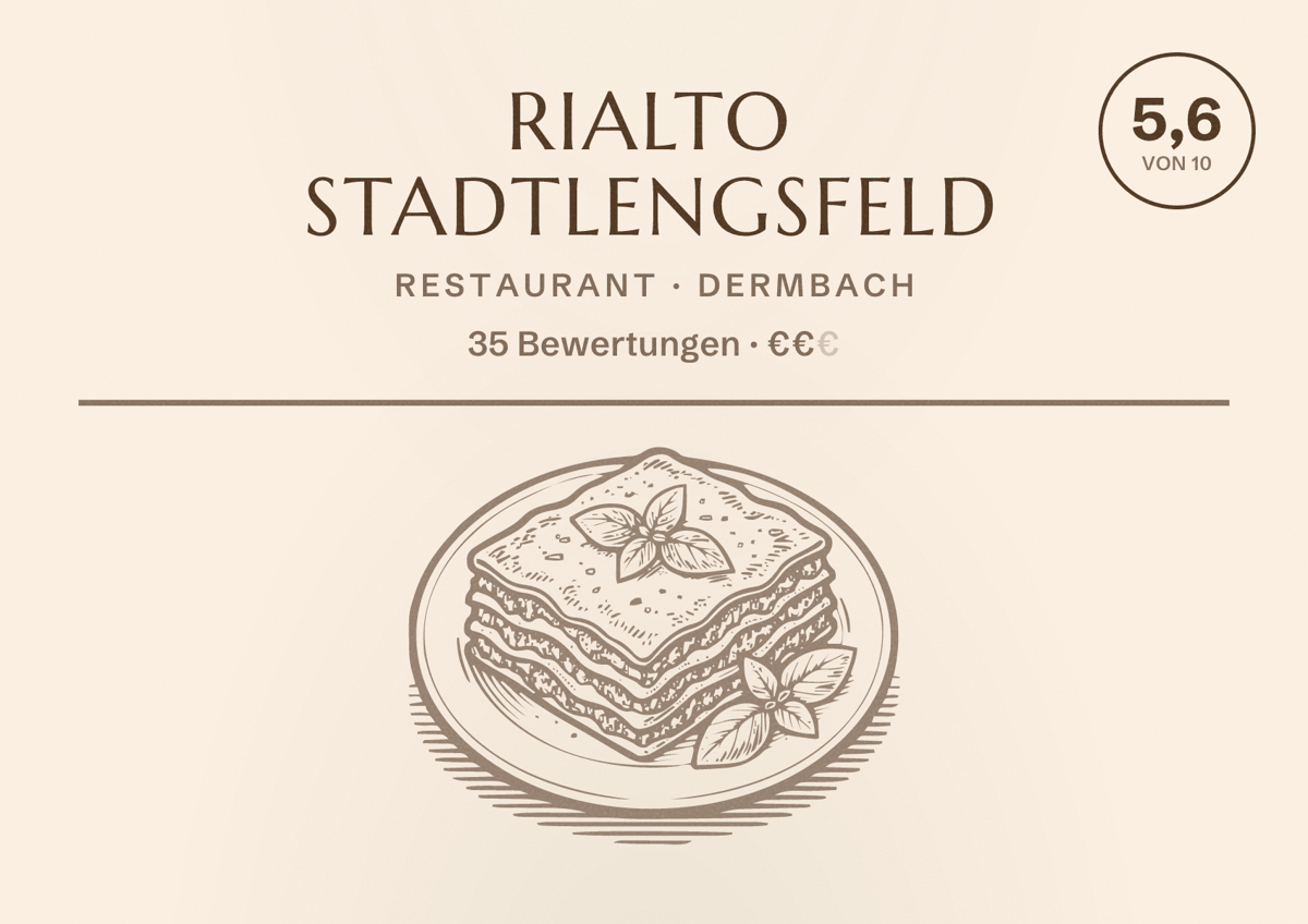 Illustriertes Poster von Rialto Stadtlengsfeld, Restaurant in Dermbach: Bewertung 5,6 von 10 aus 35 Bewertungen, Preisniveau €€
