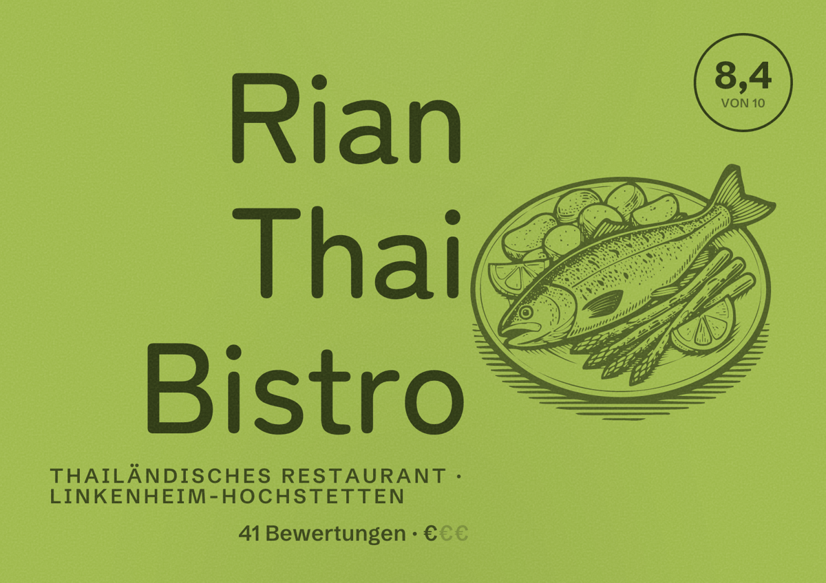 Illustriertes Poster von Rian Thai Bistro, Thailändisches Restaurant in Linkenheim-Hochstetten: Bewertung 8,4 von 10 aus 41 Bewertungen, Preisniveau €