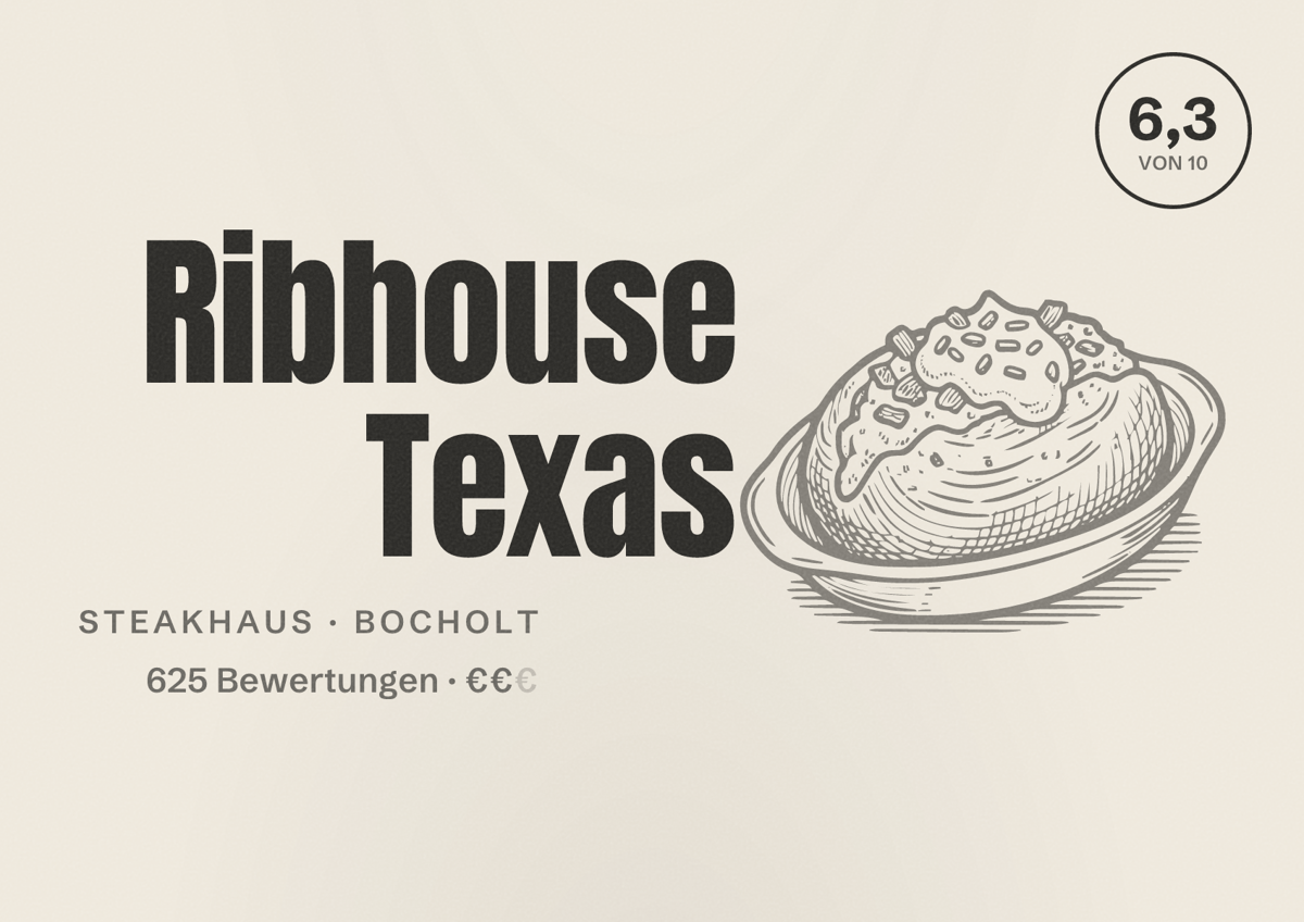 Illustriertes Poster von Ribhouse Texas, Steakhaus in Bocholt: Bewertung 6,3 von 10 aus 625 Bewertungen, Preisniveau €€