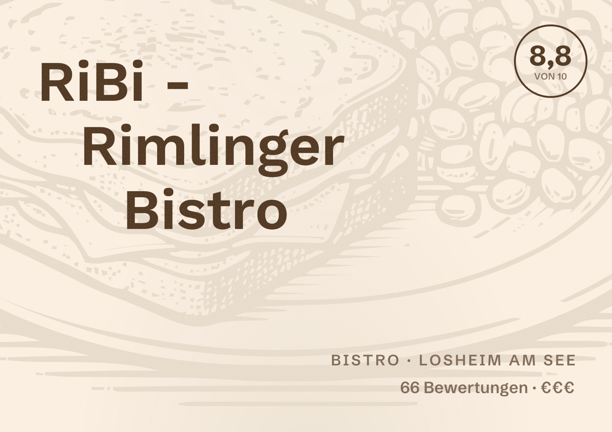 Illustriertes Poster von RiBi - Rimlinger Bistro, Bistro in Losheim am See: Bewertung 8,8 von 10 aus 66 Bewertungen, Preisniveau €€€