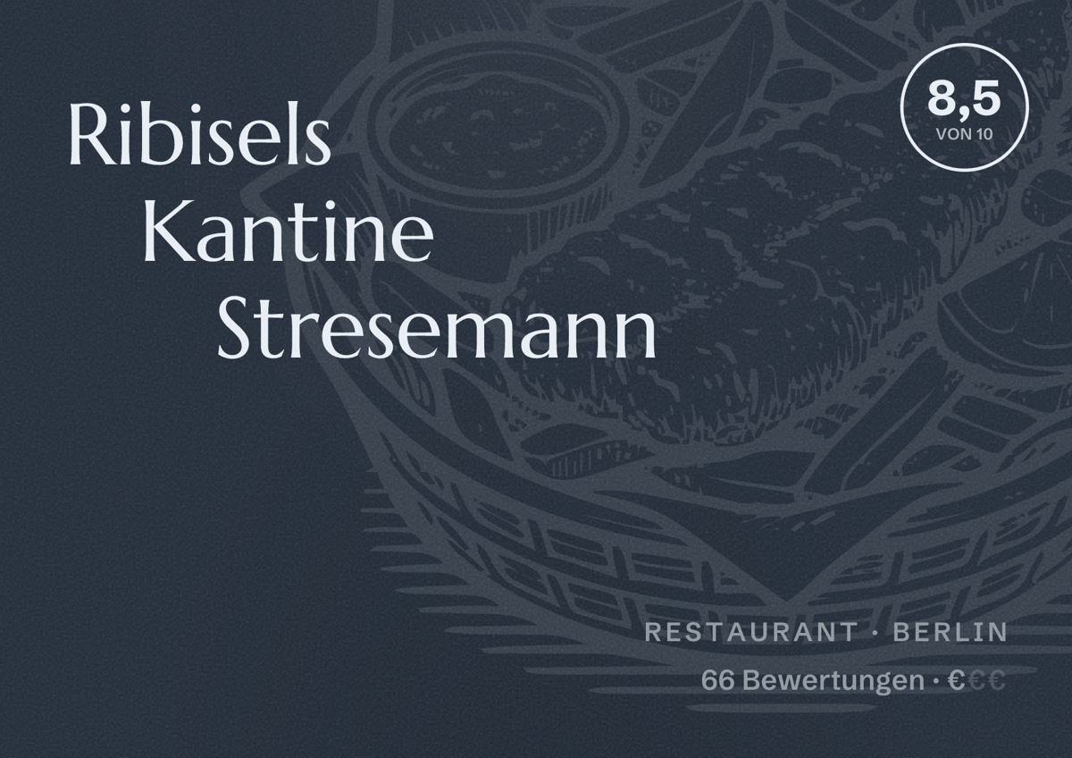 Illustriertes Poster von Ribisels Kantine Stresemann, Restaurant in Berlin: Bewertung 8,5 von 10 aus 66 Bewertungen, Preisniveau €