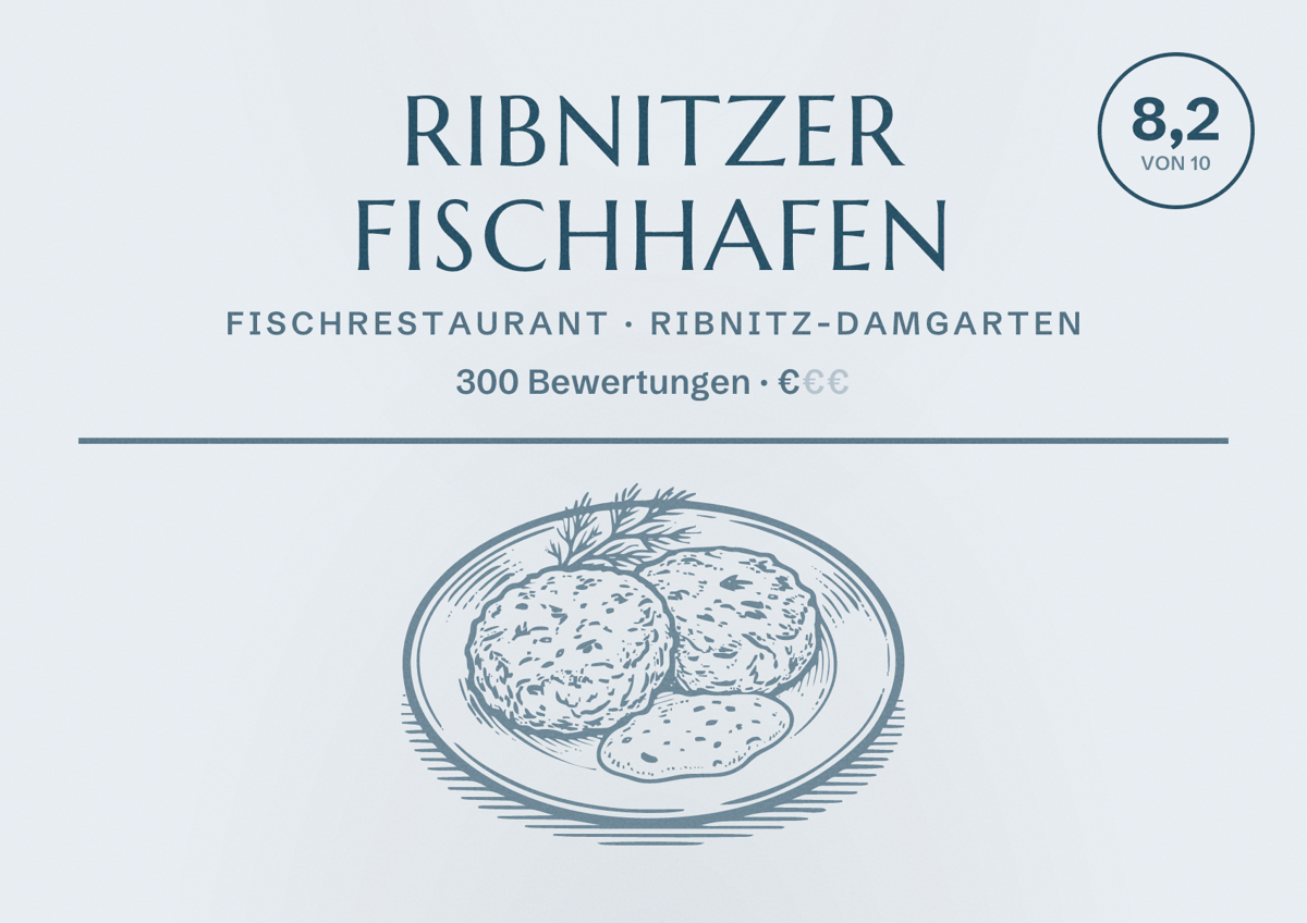 Illustriertes Poster von Ribnitzer Fischhafen, Fischrestaurant in Ribnitz-Damgarten: Bewertung 8,2 von 10 aus 300 Bewertungen, Preisniveau €