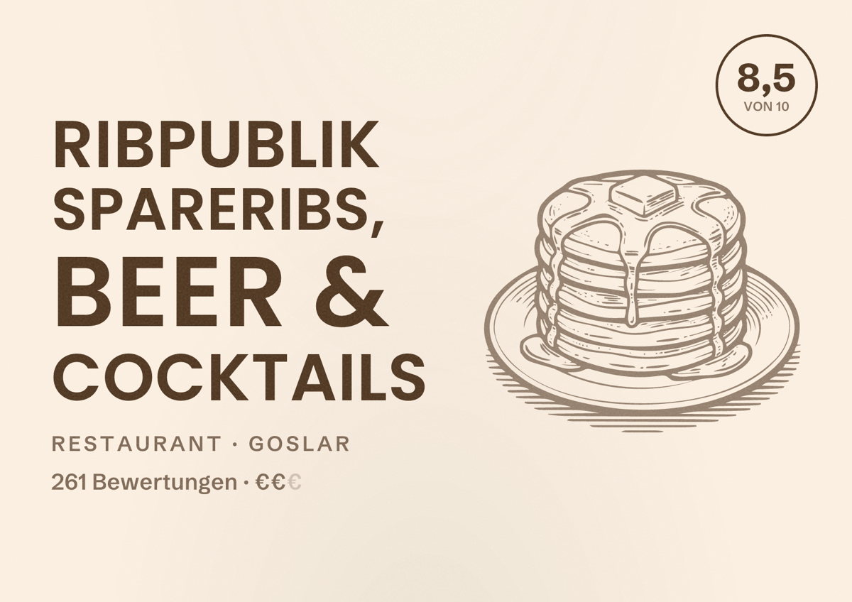 Illustriertes Poster von Ribpublik Spareribs, Beer & Cocktails, Restaurant in Goslar: Bewertung 8,5 von 10 aus 261 Bewertungen, Preisniveau €€