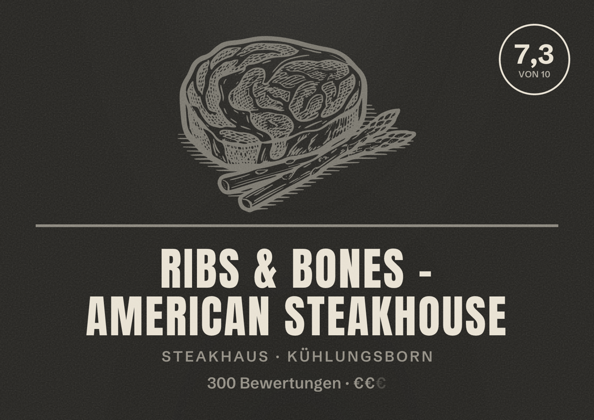 Illustriertes Poster von Ribs & Bones - American Steakhouse, Steakhaus in Kühlungsborn: Bewertung 7,3 von 10 aus 300 Bewertungen, Preisniveau €€