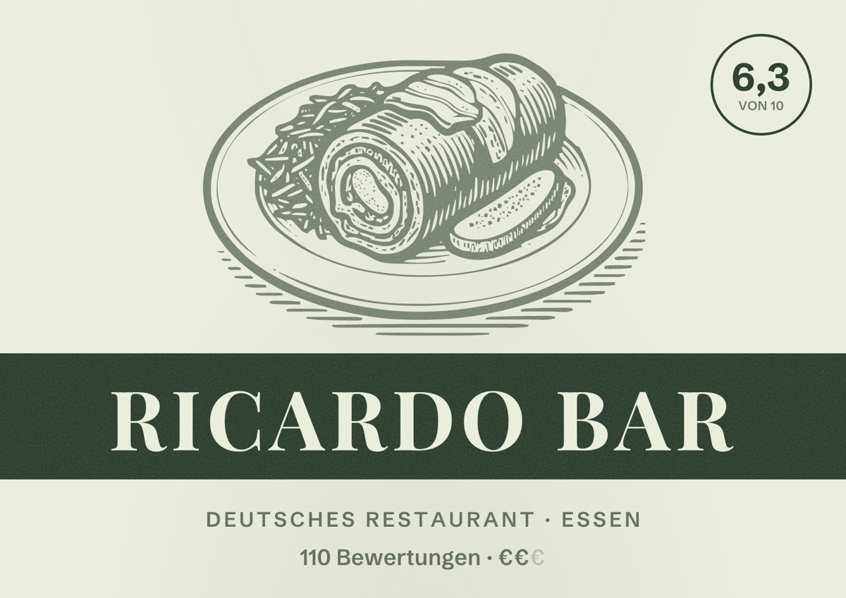 Illustriertes Poster von Ricardo Bar, Deutsches Restaurant in Essen: Bewertung 6,3 von 10 aus 110 Bewertungen, Preisniveau €€