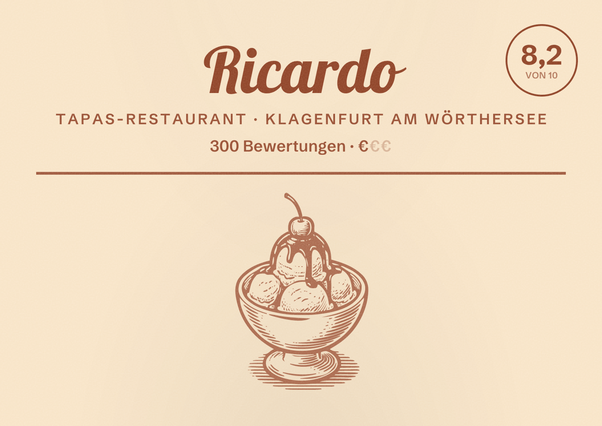 Illustriertes Poster von Ricardo, Tapas-Restaurant in Klagenfurt am Wörthersee: Bewertung 8,2 von 10 aus 300 Bewertungen, Preisniveau €