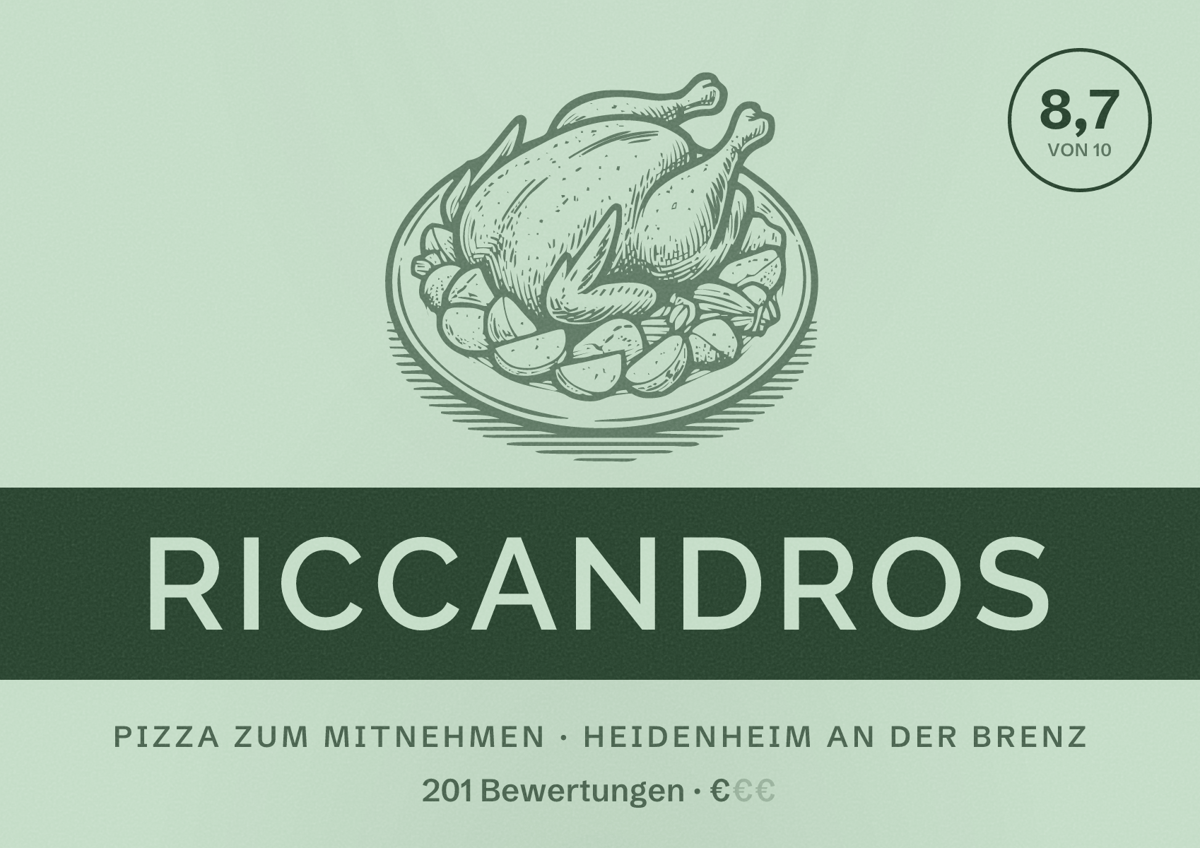 Illustriertes Poster von Riccandros, Pizza zum Mitnehmen in Heidenheim an der Brenz: Bewertung 8,7 von 10 aus 201 Bewertungen, Preisniveau €