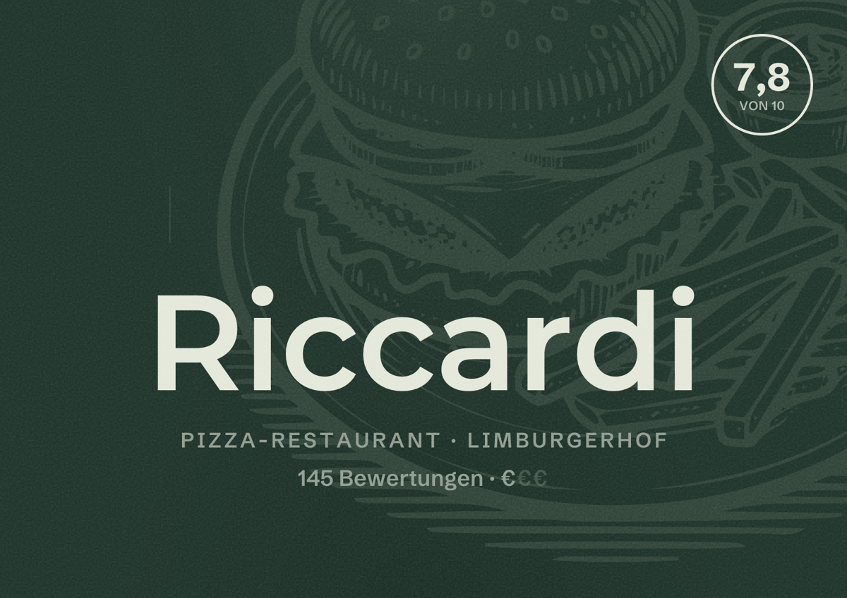 Illustriertes Poster von Riccardi, Pizza-Restaurant in Limburgerhof: Bewertung 7,8 von 10 aus 145 Bewertungen, Preisniveau €